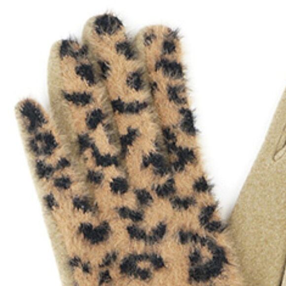 2/$30 Tan Fashionable Faux Fur Leopard Print Gloves - Picture 2 of 6